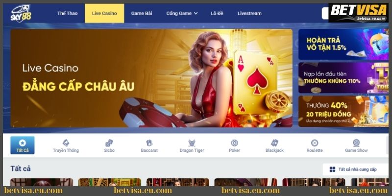 Live casino đạt tiêu chuẩn châu Âu tại Sky88 