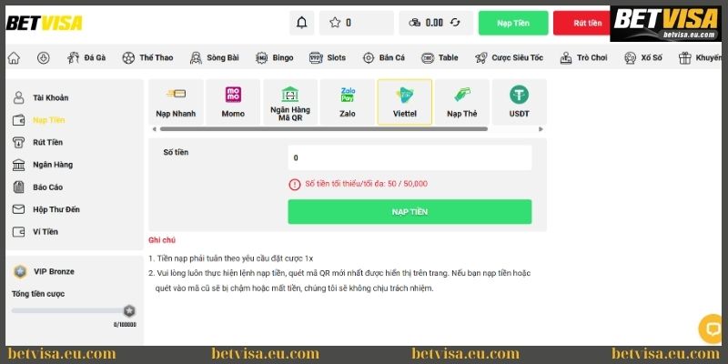 Hướng dẫn nạp tiền Betvisa nhanh và hiệu quả 
