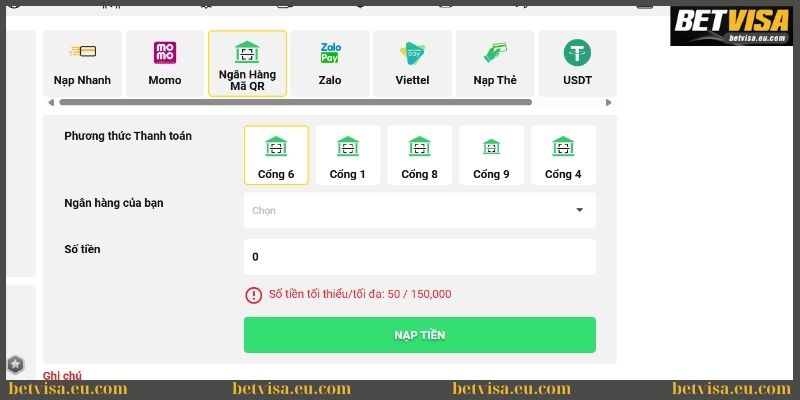 Nạp qua ngân hàng QR siêu tiện lợi và đơn giản tại Betvisa