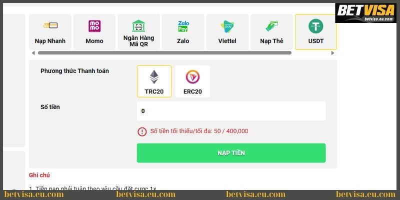 Nạp qua USDT cực kỳ nhanh chóng tại Betvisa