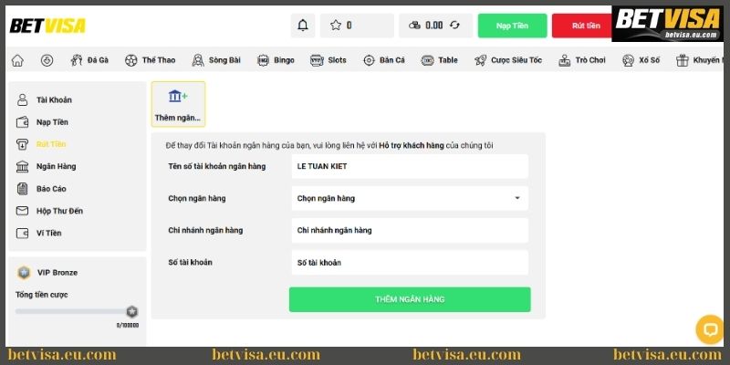 Cập nhật thông tin ngân hàng tại Betvisa 