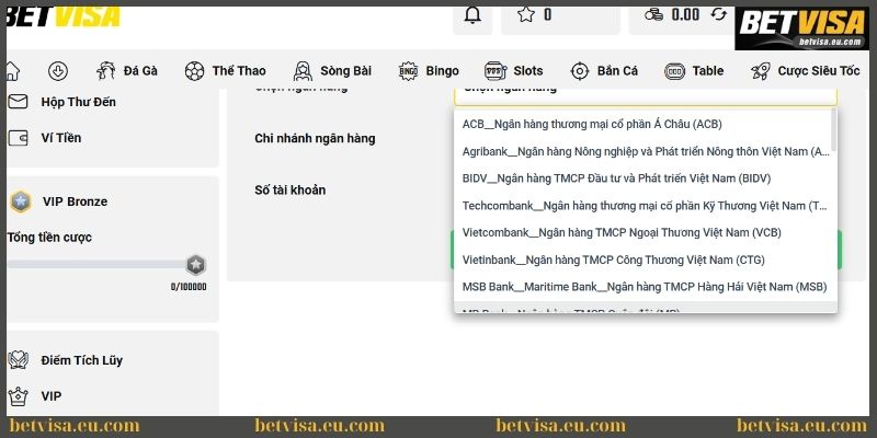 Betvisa hỗ trợ rút tiền qua nhiều ngân hàng uy tín 